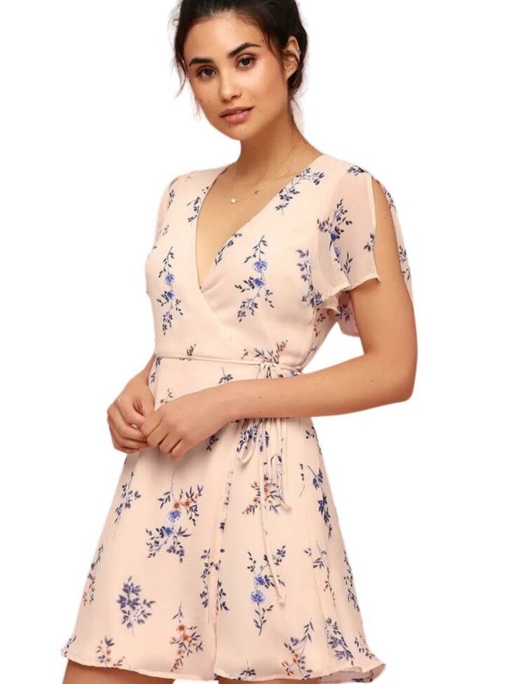 LULUS Fowler Floral Print Wrap Dress Blush Pink Small S